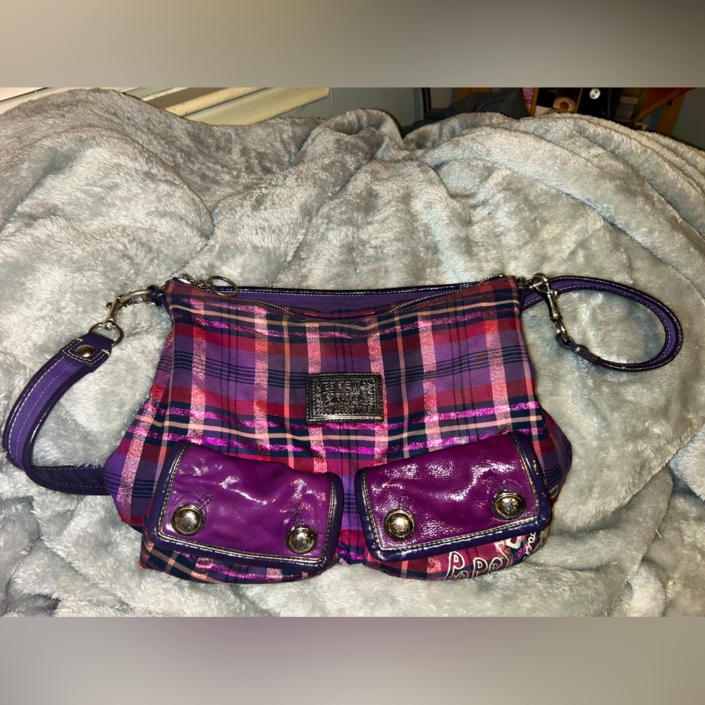 Coach 16120 Poppy Metallic Tartan Shoulder Handbag Purse